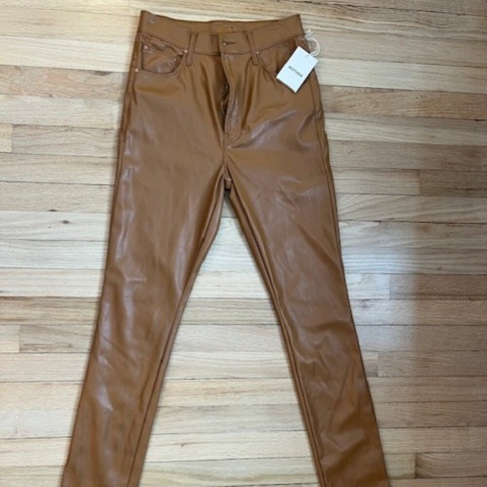 NWT MOTHER High Waisted Rail Skimp Pants Jeans Faux Leather Cashew Brown, sz 28